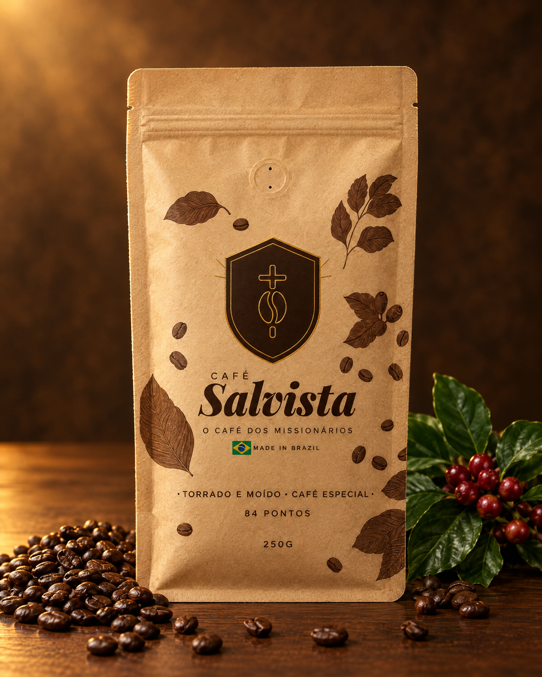 Pacote kraft do Café Salvista, torrado e moído, 84 pontos, 250 g, sobre uma mesa de madeira com grãos torrados e um ramo de café com cerejas vermelhas